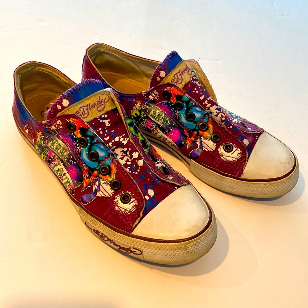 Ed Hardy Shoes Purple Eternal Love Slip Ons Funky Size 8